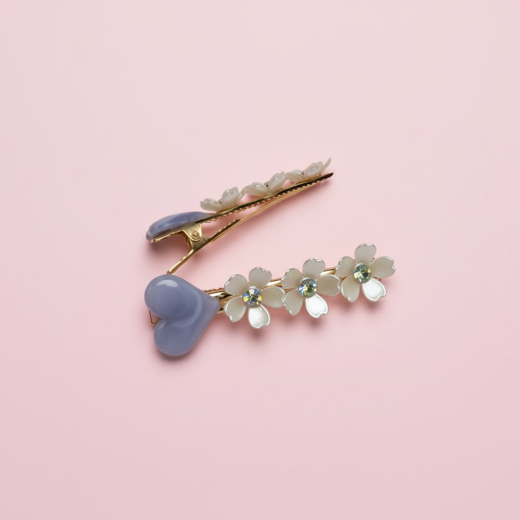 korean hair clip with blue heart and flower