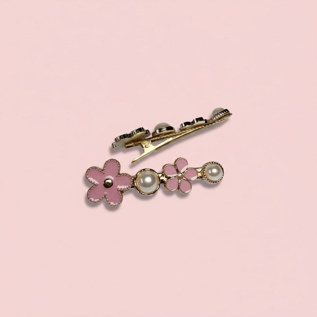 korean hair clip with pink flower and stone pearl